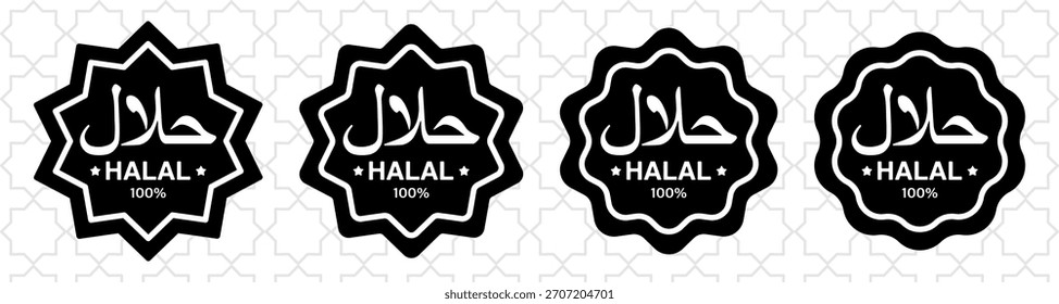 Halal Icons und Logos Set. Schwarze Symbole, die zertifizierte Lebensmittel- und Produktetiketten nach islamischen Normen zeigen