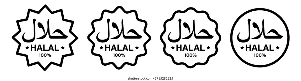 Halal-Symbole und Logos in verschiedenen Formen. Kennzeichnung von Lebensmitteln, Getränken und Produkten, die nach islamischen Normen zertifiziert sind. Vektorgrafik.