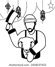 Halal Meat cutting blade Boy holding lamb rope, Eid al-Azha or Eid ul Kabir Symbol, Hajj Sign, Muslims religious Festival Stock illustration, Muslim butcher holding Cleaver slaughtering goat concept