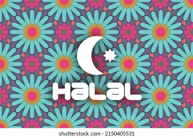 Halal. Poster for muslim religion holiday Ramadan Kareem. Calligraphy text and golden brush strokes on night sky background.