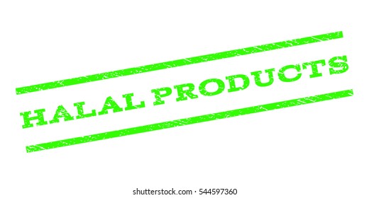 Halal Products watermark stamp. Text caption between parallel lines with grunge design style. Rubber seal stamp with scratched texture. Vector light green color ink imprint on a white background.