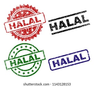 HALAL seal prints with damaged surface. Black, green,red,blue vector rubber prints of HALAL title with unclean surface. Rubber seals with circle, rectangle, medallion shapes.