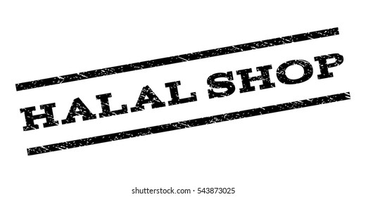 Halal Shop watermark stamp. Text caption between parallel lines with grunge design style. Rubber seal stamp with unclean texture. Vector black color ink imprint on a white background.