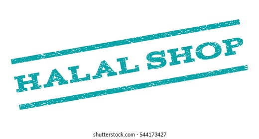 Halal Shop watermark stamp. Text tag between parallel lines with grunge design style. Rubber seal stamp with unclean texture. Vector cyan color ink imprint on a white background.