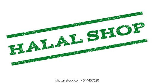 Halal Shop watermark stamp. Text tag between parallel lines with grunge design style. Rubber seal stamp with scratched texture. Vector green color ink imprint on a white background.