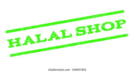 Halal Shop watermark stamp. Text caption between parallel lines with grunge design style. Rubber seal stamp with dirty texture. Vector light green color ink imprint on a white background.