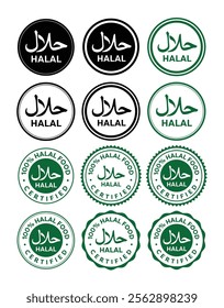 Halal sign icon illustration, halal food symbol isolated, islamic stamp logo set, 100% halal certified badge symbol design for product label sticker