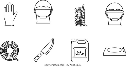 Halal Slaughter and Meat Processing Icon Set with Butcher Tools Outline