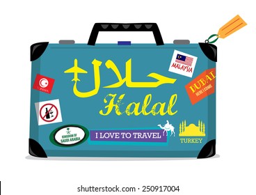 Halal Tourism concept. Baggage with stickers of countries offering Halal Tours for Muslims who abide Sharia rules