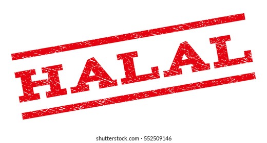 Halal watermark stamp. Text caption between parallel lines with grunge design style. Rubber seal stamp with dust texture. Vector red color ink imprint on a white background.