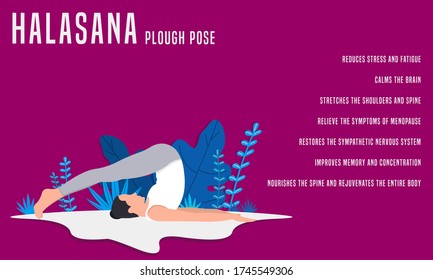 Halasana, or Plough pose. Yoga Fitness Concept. Illustration Of Woman doing yoga.