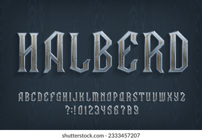 Halberd alphabet font. Chopped metal letters and numbers on a wooden background. Stock vector typescript for your typography design.