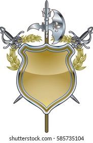 halberd, crossed swords and shield