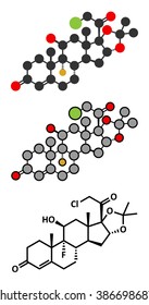 Halcinonide topical corticosteroid drug molecule. Stylized 2D renderings and conventional skeletal formula.