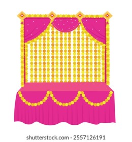 Haldi backdrop decor design with marigold toran hanging vector, decorative curtains, sofa seat and tassle hanging for Indian haldi mehendi wedding ceremony invitations