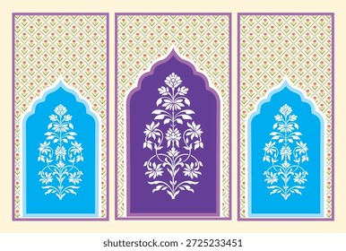 haldi backdrop decor design with Traditional Mughal Floral Motif Illustration. Antique Indian Mughal Floral Wall Art. botanical floral ethnic motif. prayer carpet
