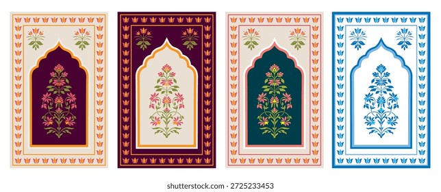 haldi backdrop decor design with Traditional Mughal Floral Motif Illustration. Antique Indian Mughal Floral Wall Art. botanical floral ethnic motif. prayer carpet