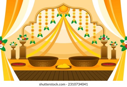 Haldi Ceremony Decoration Background. Indian Wedding Tradition