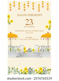 Haldi ceremony invitation design for Indian wedding functions with colorful yellow umbrella vector with tassles, balcony fence, yellow floral border, hanging marigold flowers, Mughal foliage