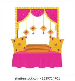 Haldi Zeremonie Setup Dekor Vektor mit rosa Vorhänge, bunte Quasten hängen und dekorative ethnische Kissen für traditionelle indische Hochzeitszeremonie einladen, Mehendi Dekor, sangeet Setup, Mayra, bhaat