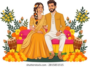 Haldi Couple on Decorated Sofa Wedding design