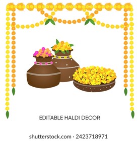 Haldi, mehendi ceremony decorative elements for an Indian Wedding Invite. Decorated pots, marigold hangings. Haldi decor, haldi invite, Indian wedding decor elements vector, haldi design elements for