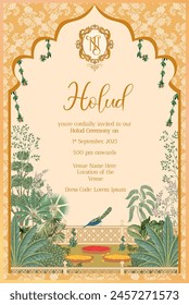  Tarjeta de invitación de Boda nocturna Haldi. Diseño tradicional de la tarjeta de invitación de la noche de la Boda mogol india con el árbol tropical, fondo amarillo del arte de Pichwai, monograma del NT con la Ilustración vectorial de la cresta