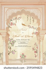 Haldi Night Wedding Invitation Card. Traditional Indian Mughal Wedding Holud Night Invitation Card Design with Tropical Tree, Pichwai art Yellow Background, Vector Illustration, Mughal Arch.