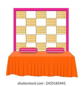 Haldi setup background design illustration with colorful decorated pillow, floral hanging for indian wedding ceremony, haldi ceremony, mehendi ceremony, sangeet ceremony and indian wedding invite.
