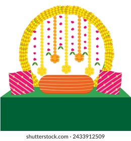 Haldi setup background design vector for traditional indian wedding ceremony, haldi ceremony decor, mehendi decor, sangeet invite with colorful decorated pillow, marigold floral decor and pink tassles