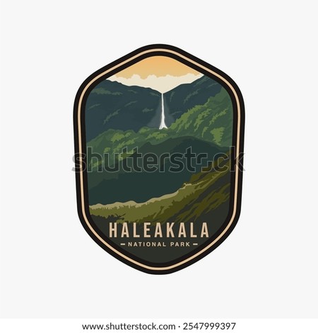 Haleakala National Park logo patch badge illustration, waterfall forest scenery design