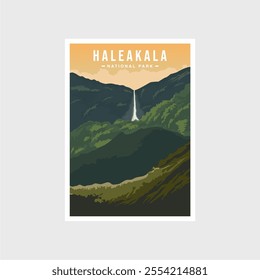 Haleakala National Park poster illustration, waterfall forest scenery poster design