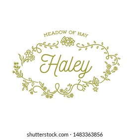 Haley - Meadow of Hay. Decorative set of Personal Name and Meaning with floral wreath. Vector Isolated Graphic design elements and illustration. Flowers, script, lettering, calligraphy.