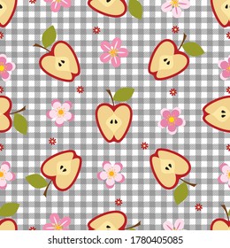 
Halbe Apfel- und Apfelblüten.  Vektornahtloses Muster. Früchte und Blumen auf grauem Hintergrund.
Blumendesign.
