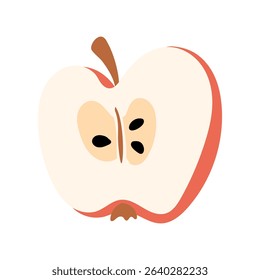 Half an apple. The fruit is a slice. Proper nutrition. The flat color illustration is suitable for applications, posters about health, fitness, exercise, disease prevention and cardiac activity.