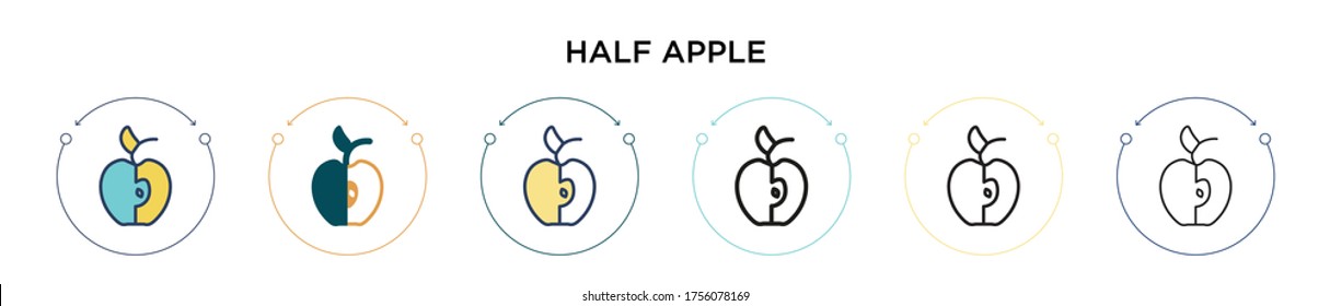 Half apple icon in filled, thin line, outline and stroke style. Vector illustration of two colored and black half apple vector icons designs can be used for mobile, ui, web