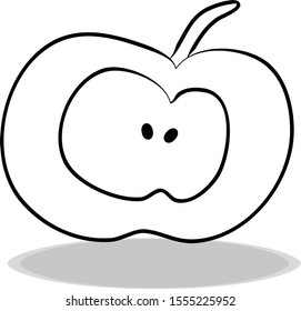 Half apple icon, flat design, hand drawing. Illustration of  food, contour of symbol black