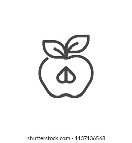 Half apple with leaf line icon isolated on white. Fruit contour label. Organic healthy food concept logo. Vector illustration