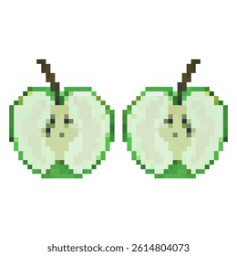 Half an apple pixelated vector illustration. Sliced ​​apple. Fruit in pixel art. Green apples pixel icon. Isolated on white background. Fruits from cubes. Vintage game style. Vibrant shades.