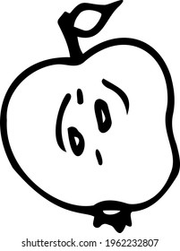 Half of an apple is a vector black-and-white hand-drawn illustration. Isolated object on a white background.