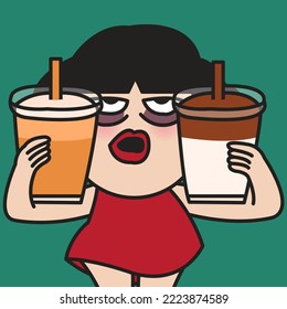 Half Asleep Young Woman With Her First Two Big Cup Of Ice Tea And Ice Coffee With Milk And Sugar Concept Card Character illustration