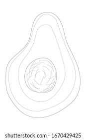 Half avocado black outline coloring. Exotic fruit isolated on white background in simple hand drawn style. Vector stock illustration. Coloring book for adults and children.