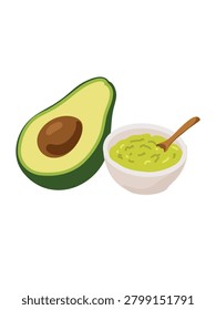 half avocado and bowl with avocado face mask isolated on clean white background