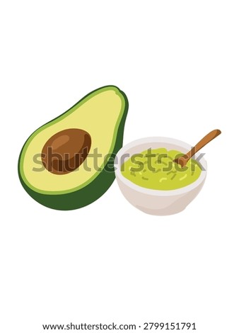 half avocado and bowl with avocado face mask isolated on clean white background
