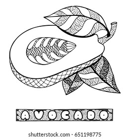 Half avocado. Doodle and zentangle style. Hand drawn. Vector illustration.