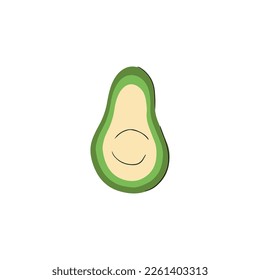 La mitad del aguacate plano con líneas negras aisladas sobre fondo blanco. Ilustración vectorial dibujada a mano en caricatura de doodle. Concepto de vida saludable, nutrición adecuada, menú, etiqueta, logotipo, icono