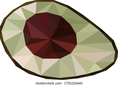 Half of the avocado fruit is drawn in triangles, low poly avocado