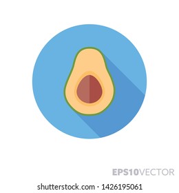 Icono redondo de diseño plano de media fruta de aguacate. Símbolo de color de los superalimentos y la alimentación saludable. Ilustración vectorial de sombra larga en un círculo aislado sobre fondo blanco.