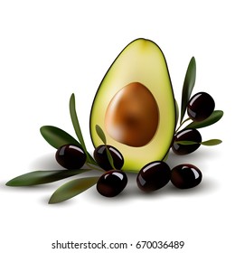 Half an avocado with olive branches.