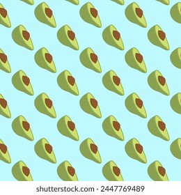 Half avocado seamless pattern. Tropical fresh fruit endless background. Vibrant avocado elements repeat cover. Healthy vegan food loop ornament. Vector flat hand drawn illustration.
